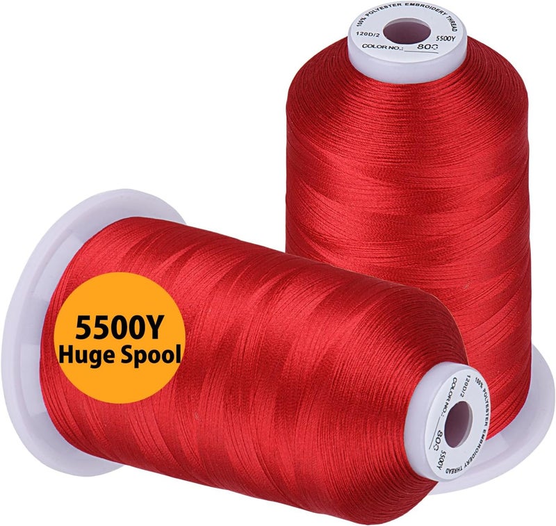simthread Embroidery Thread 5500 Yards Red 800, 2 Huge Spools 40wt Polyester for Brother, Babylock, Janome, Singer, Pfaff, Husqvarna, Bernina Machine - Image 1